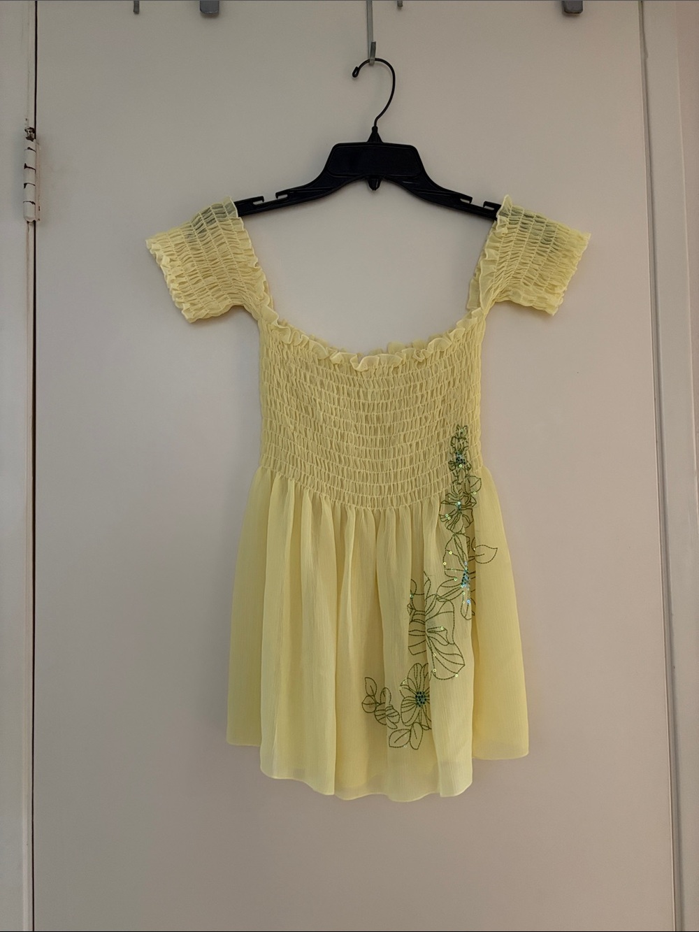 Yellow Smocked Sheer Top with Floral Sequin Embroidery! L